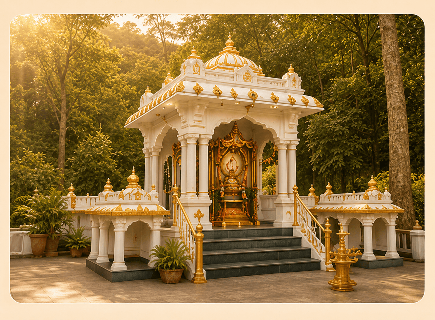 The white-and-gold shrine of the ashram, its gilded tower rising among the surrounding trees.