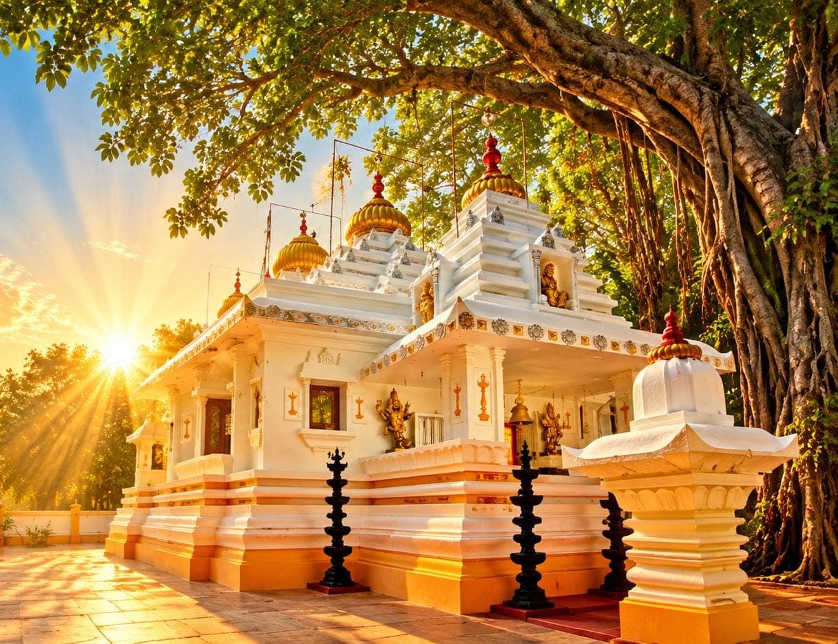 The white and gold temple of Elagiri Hills Ashram at sunrise, framed by an old banyan tree