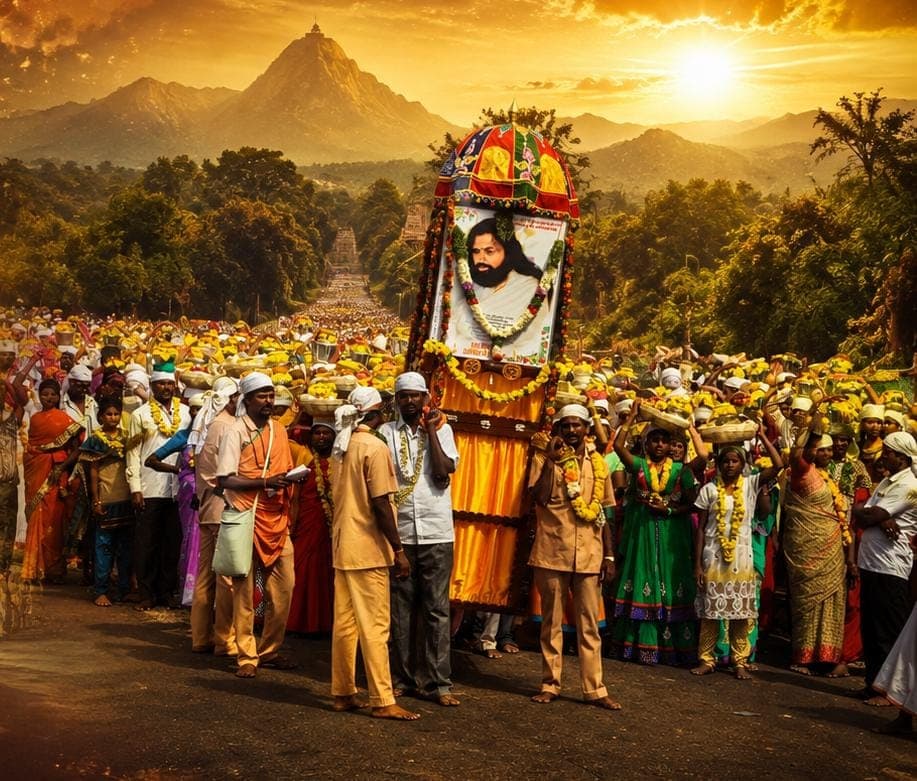 Devotees carrying offerings in procession towards Tiruvannamalai Ashram at golden hour