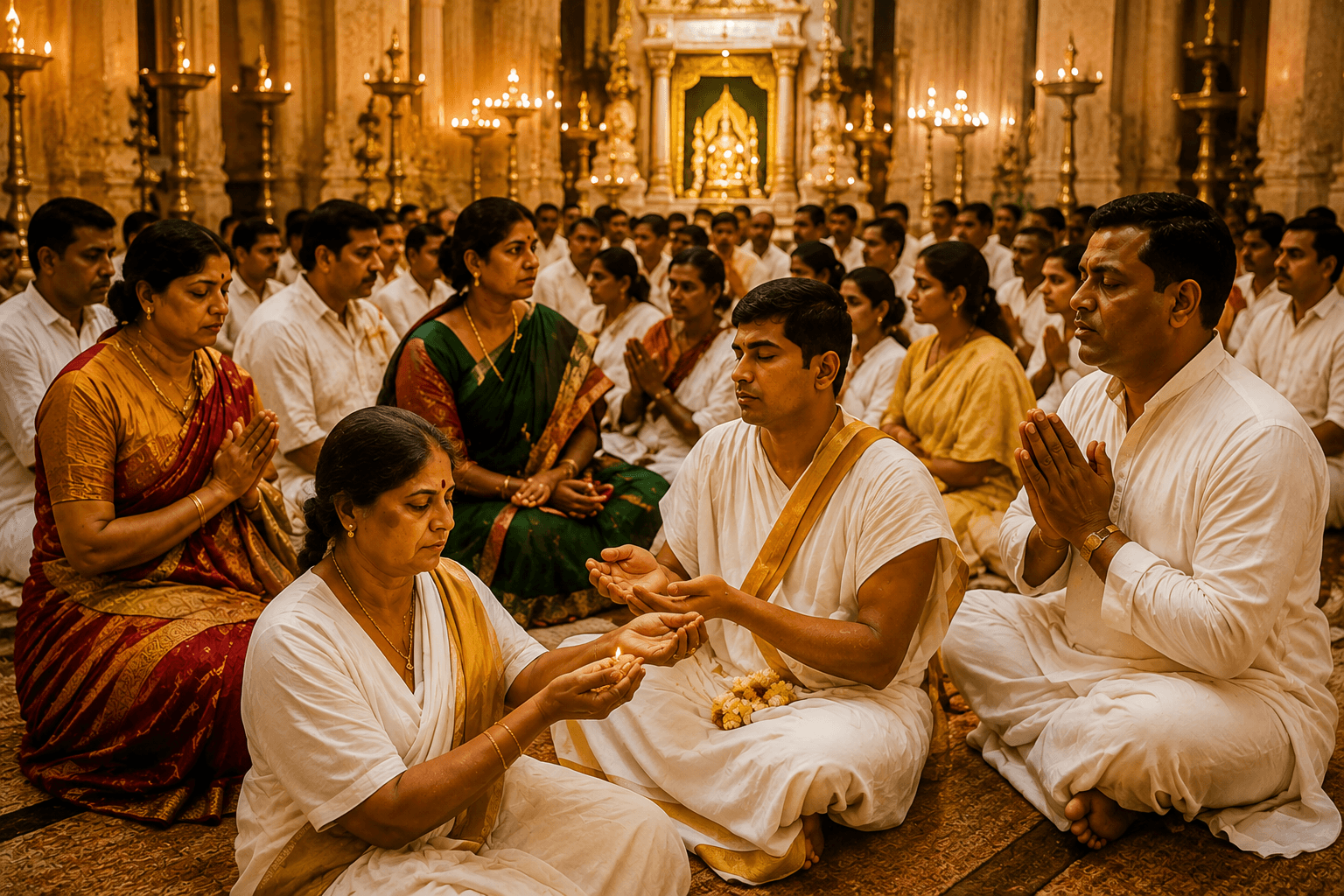 Devotees dressed in white seated together on the ground during a ceremony at the ashram.