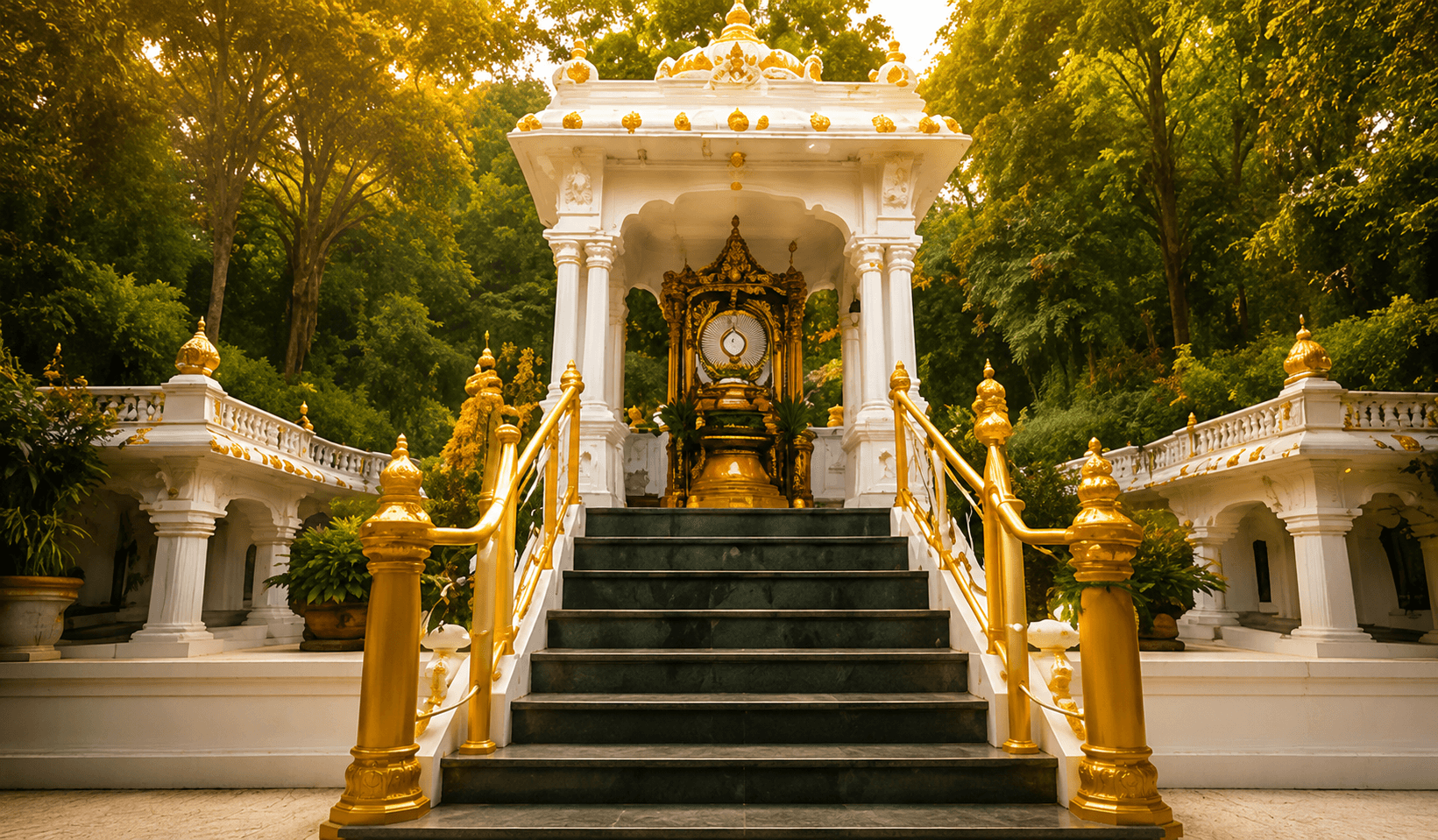 The white-and-gold Elagiri Hills shrine with its gilded steps, framed by trees