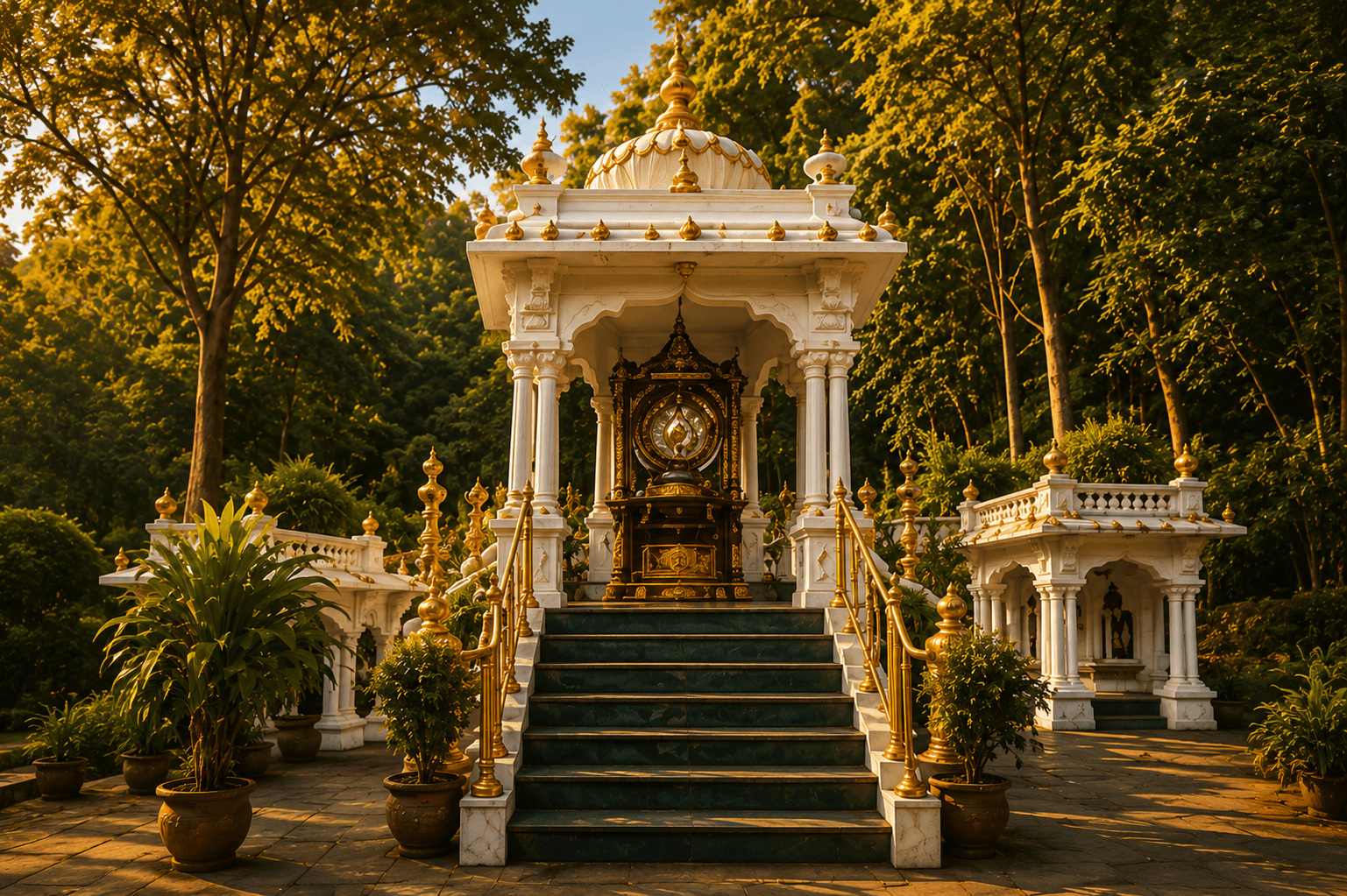 The white-and-gold Elagiri Hills shrine at the head of its gilded steps, framed by tall palms.