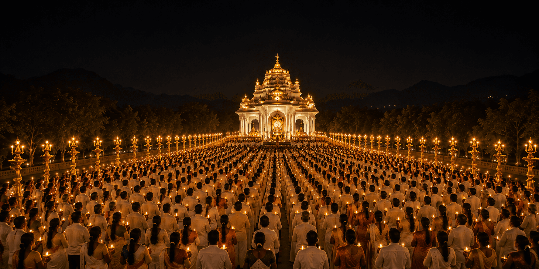 The shrine at night, with rows of oil lamps burning on the ground before it.