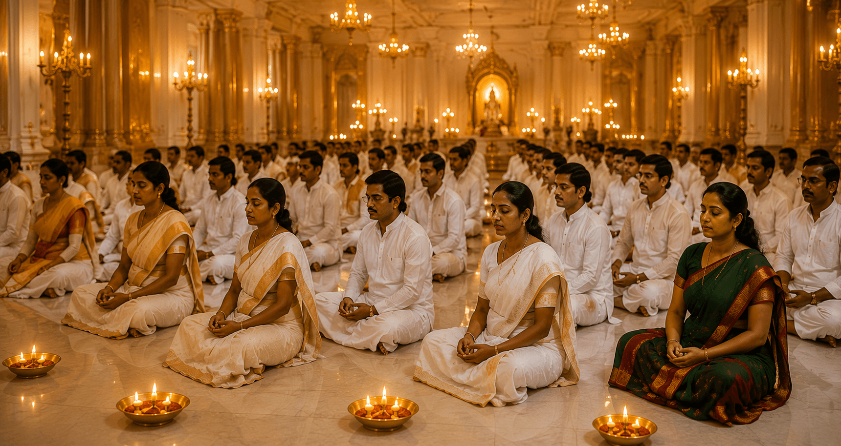 Devotees holding lit lamps in the ashram prayer hall.