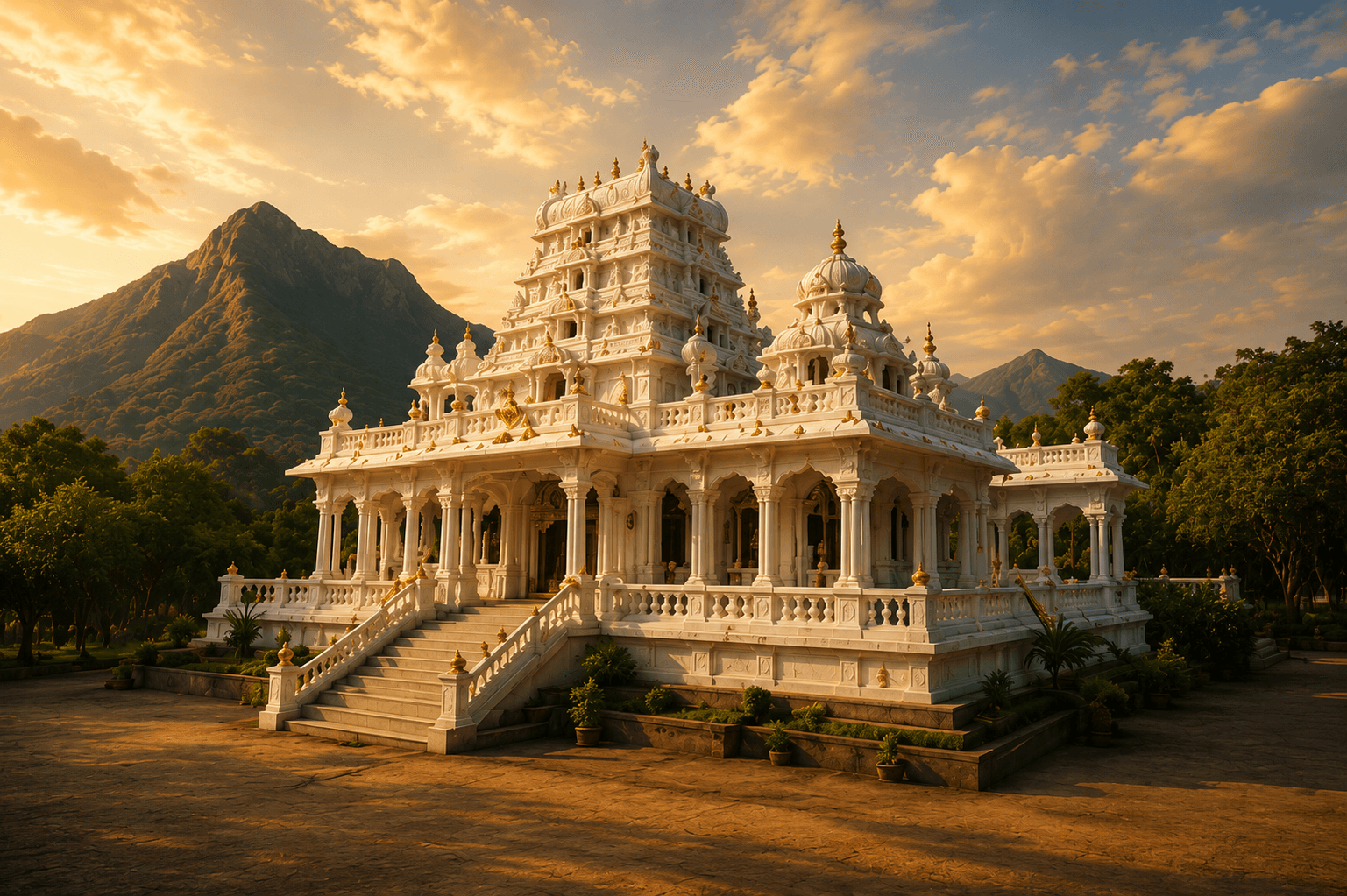 The Tiruvannamalai Ashram temple at golden hour, with the hill rising behind it