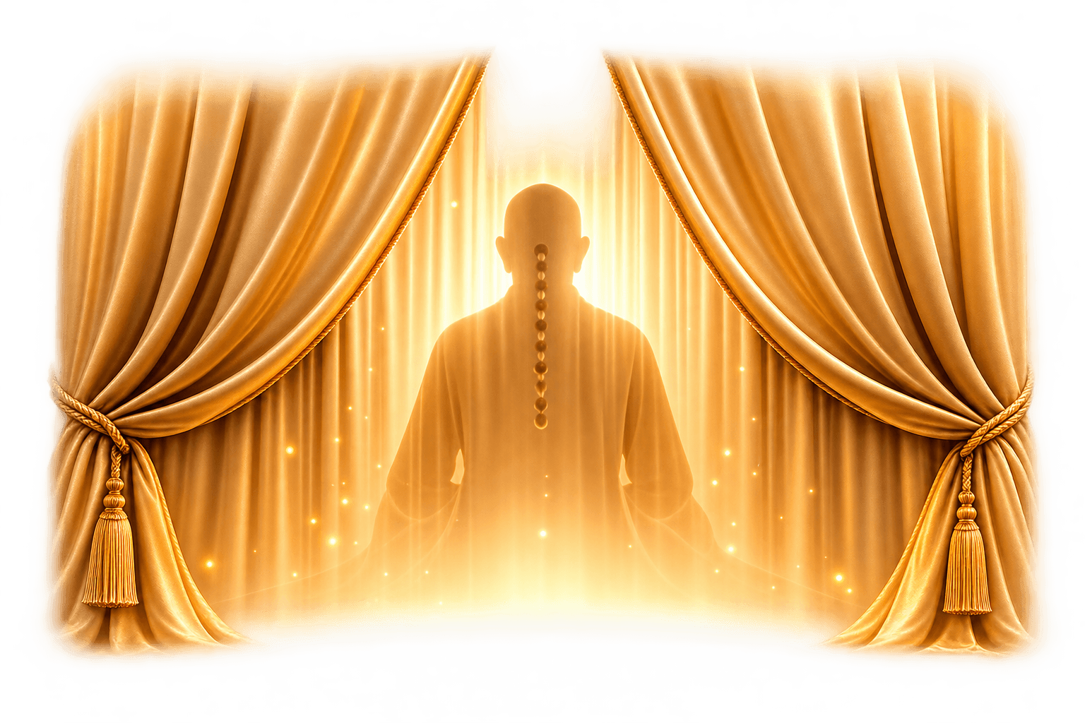 Golden curtains drawn back on a glowing figure giving darshan