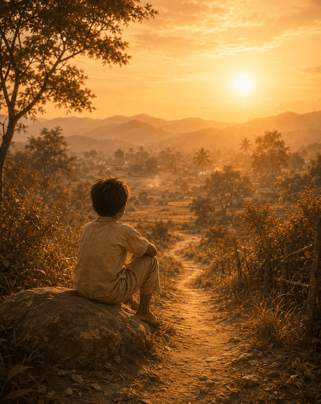 A boy sitting on a rock at golden hour, looking out over a valley