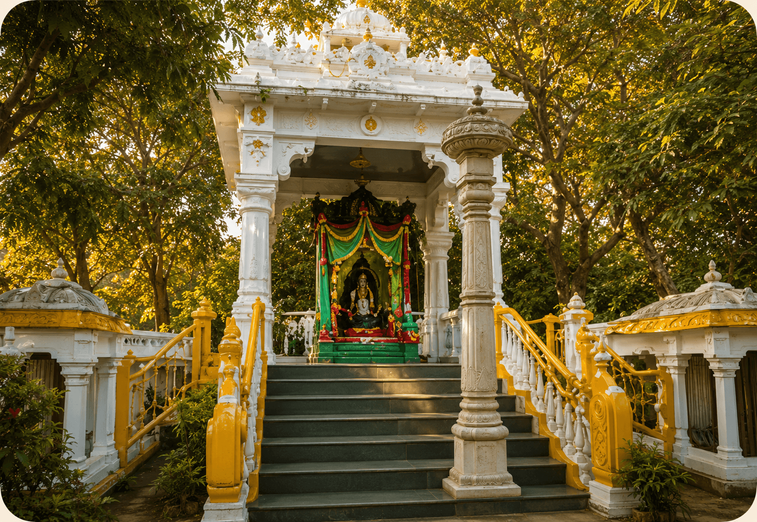 A white-and-gold shrine with green and yellow drapery, framed by trees and stone steps