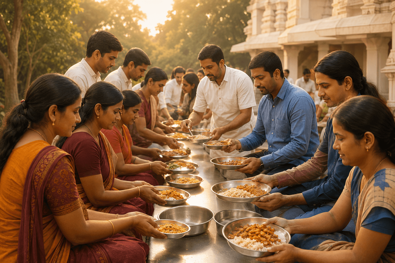 Devotees serving a long row of seated guests at the annadhana