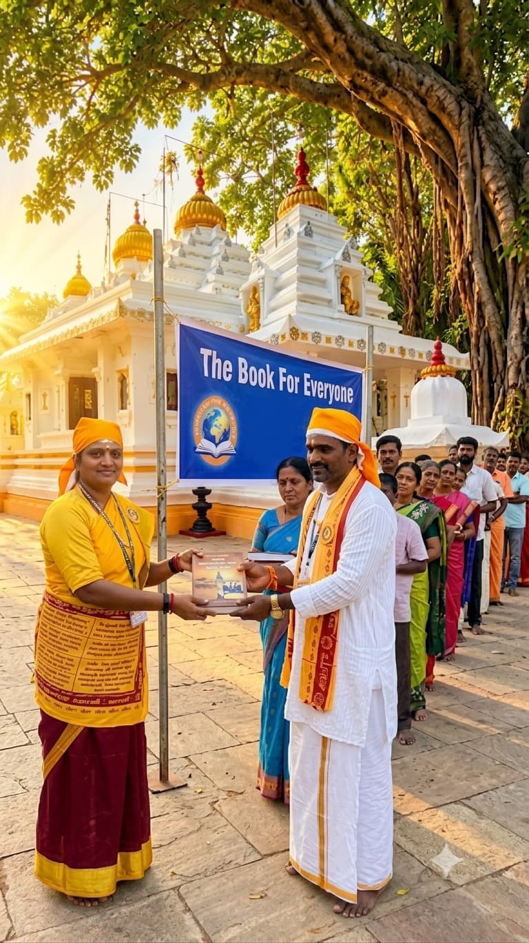 ఆలయం ముందు 'బుక్ ఫర్ ఎవ్రీవన్' బ్యానర్ కింద ఒక భక్తునికి పుస్తకాన్ని అందిస్తున్నారు