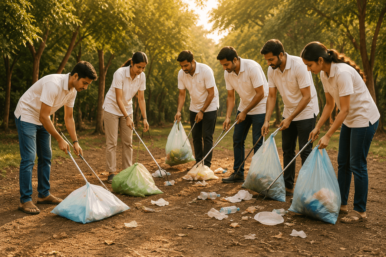 Volunteers collecting litter into bags along a tree-lined path
