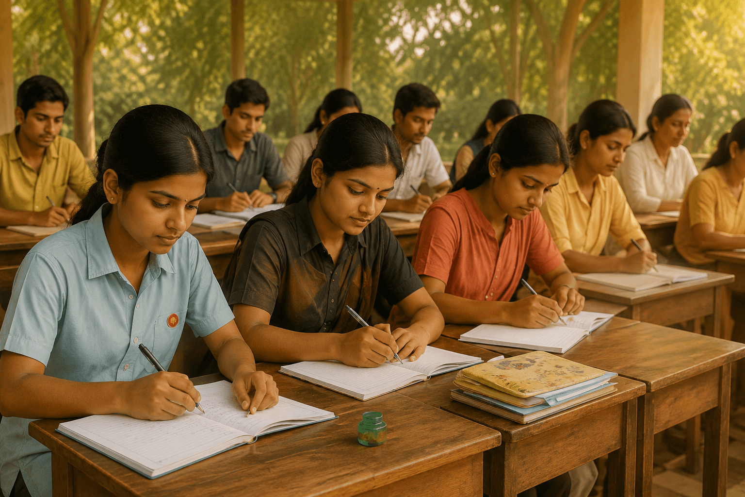 Students writing at desks in a bright open classroom