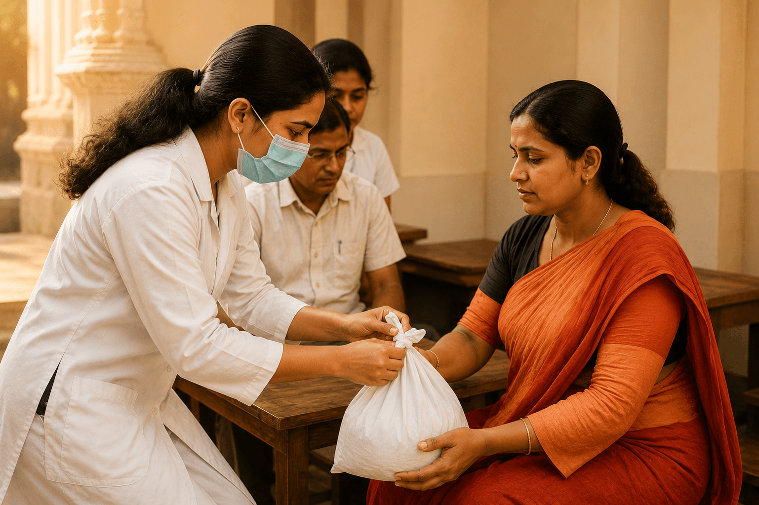 A medical volunteer handing medicines to a visitor at a health camp