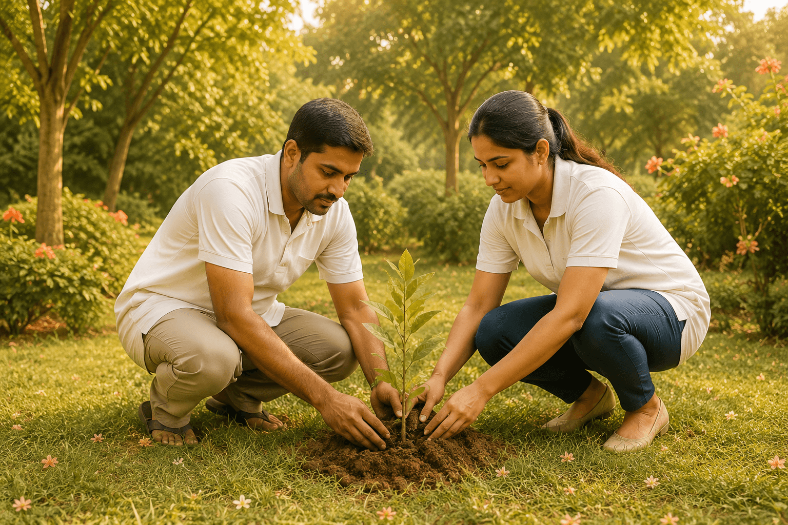 Two volunteers kneeling to plant a sapling in a green garden