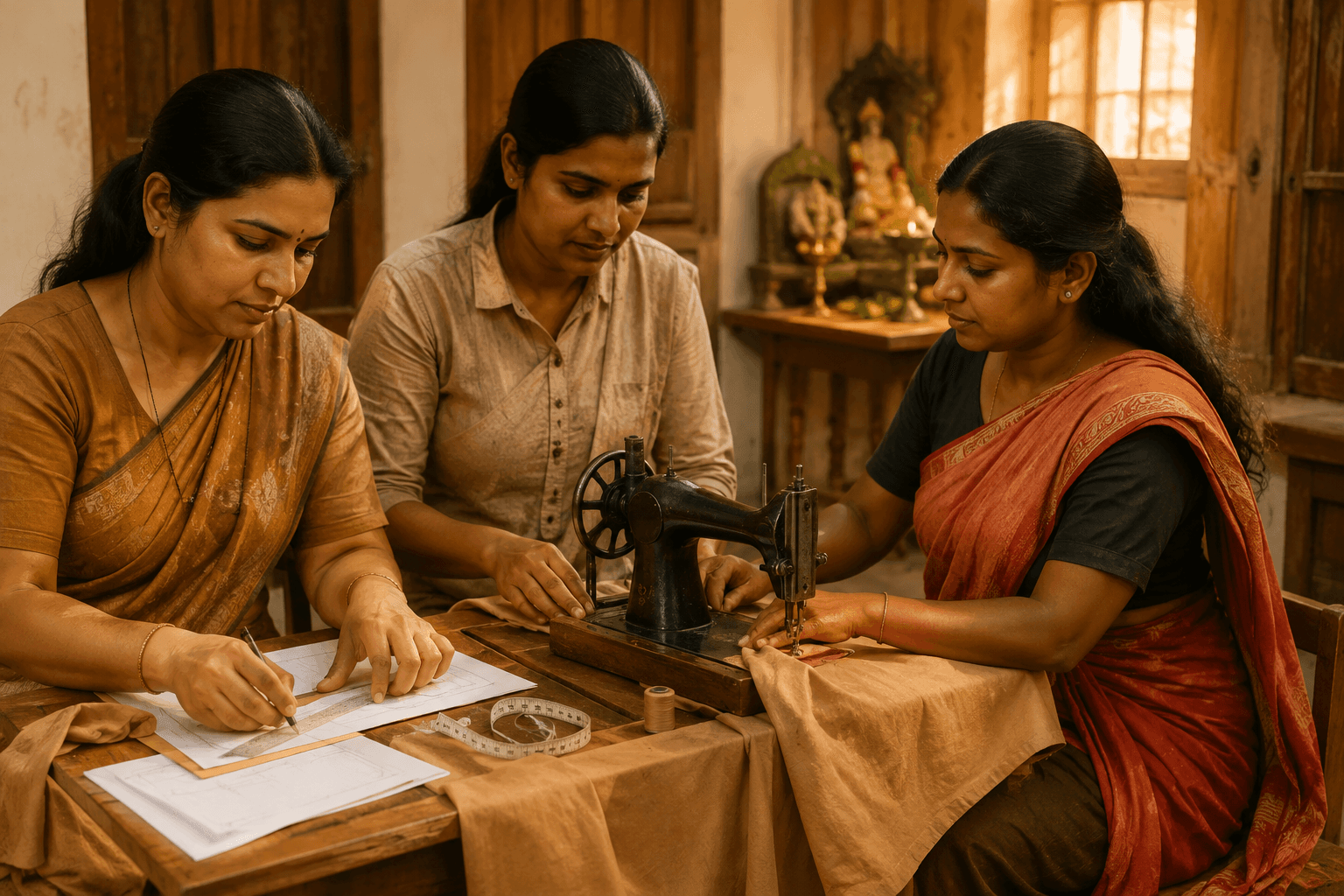 Women at a tailoring workshop, working together at a sewing machine