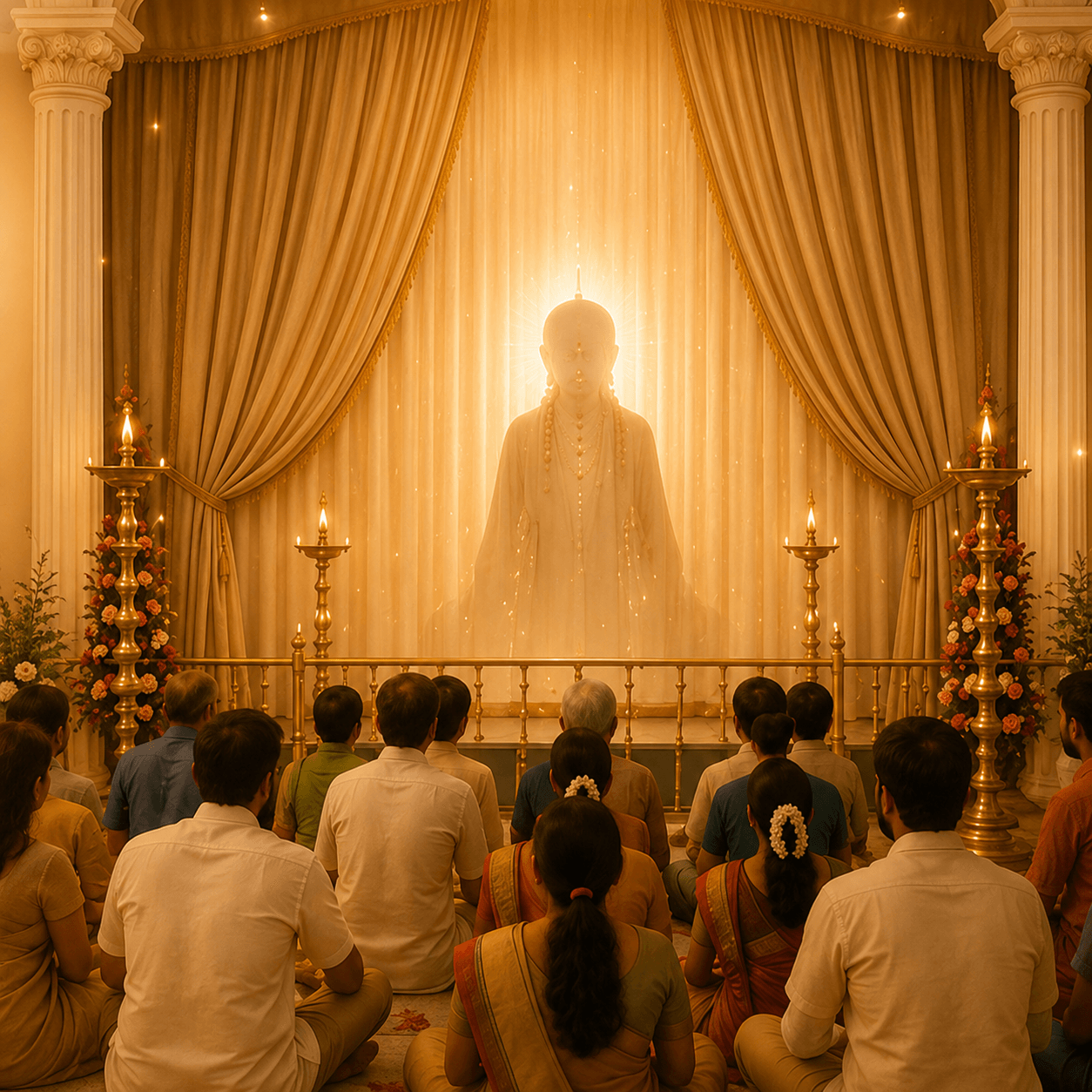 Devotees seated in silence before the sannidhi, where the luminous form of GuruShakti glows between parted golden curtains flanked by tall brass lamps and garlands