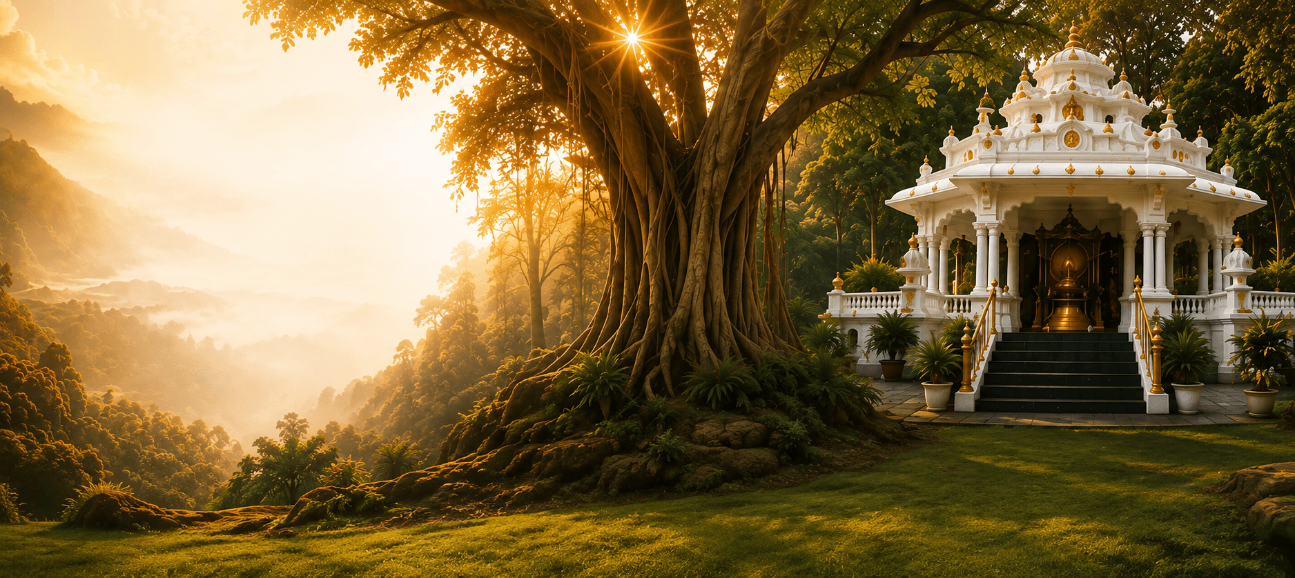 A vast banyan tree spreading over the ashram grounds in golden evening light, with the white shrine standing beneath its branches at the right