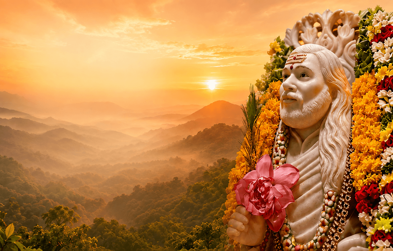 Sunrise over misty hills with the garlanded marble murti of GuruShakti