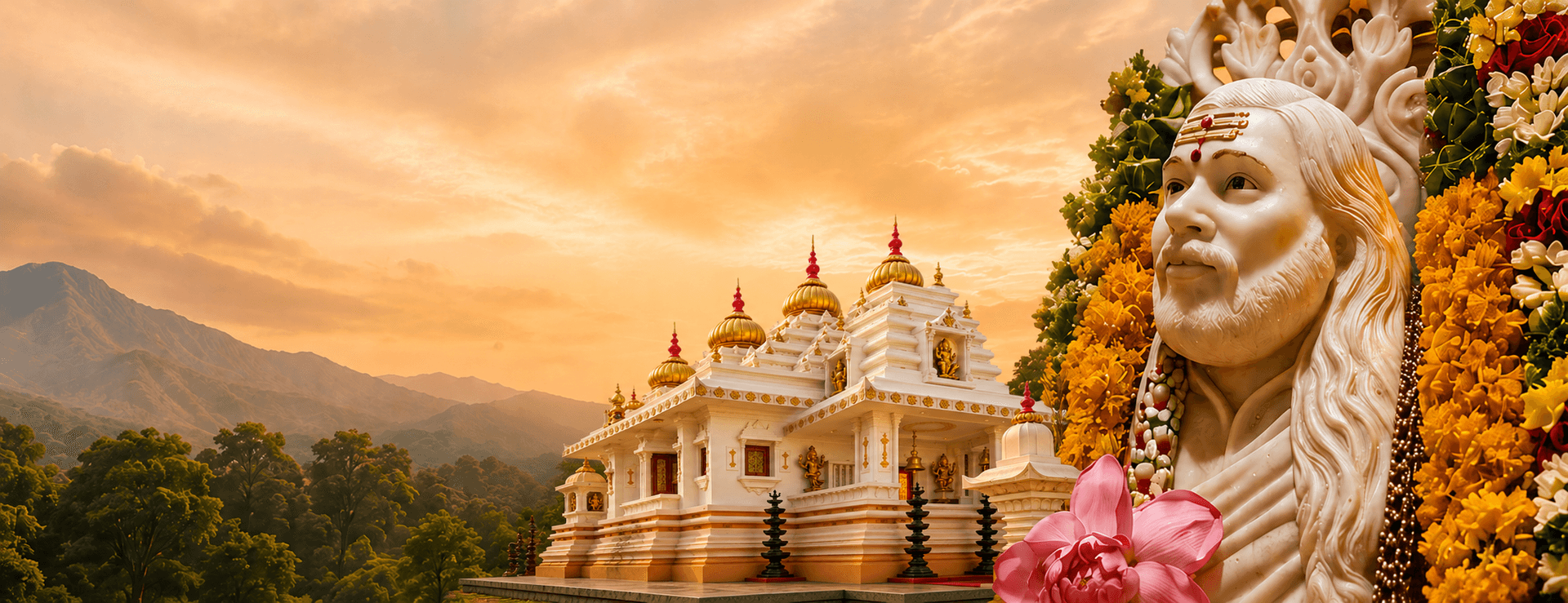 Sunset over misty hills, with the white-and-gold ashram temple and the garlanded marble murti of GuruShakti