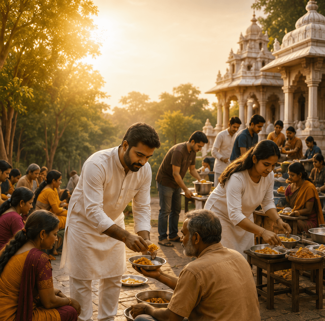 Ashram volunteers in white serving rice and curry from steel bowls to rows of guests seated along the path, the carved white temple rising behind them in the golden morning light