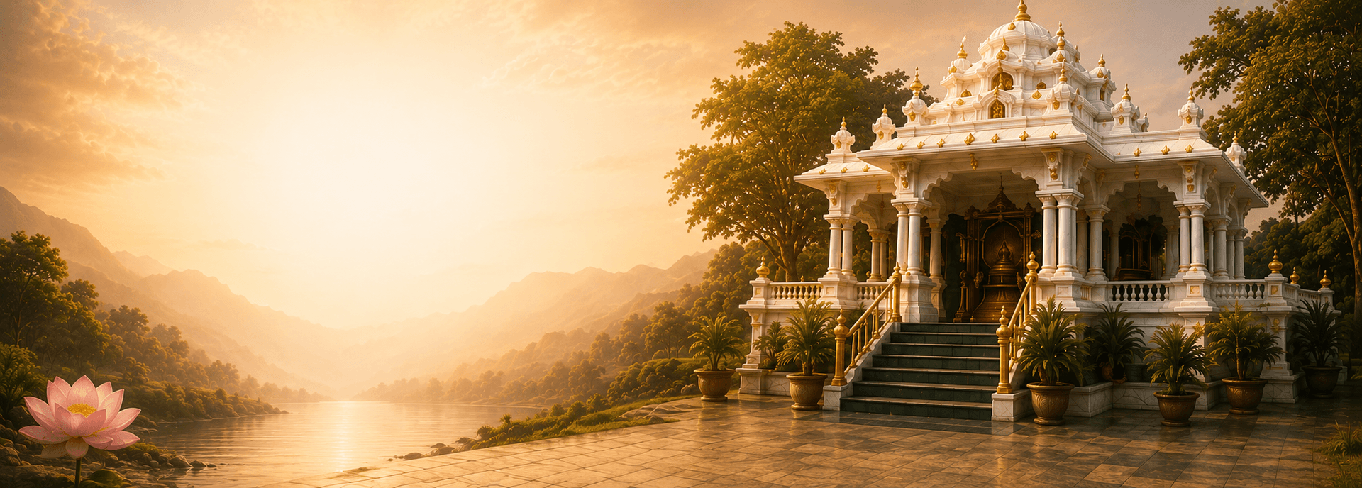 The white-and-gold ashram temple at sunrise, its gilded domes above a marble courtyard, with a misty river valley and a pink lotus in bloom to its left