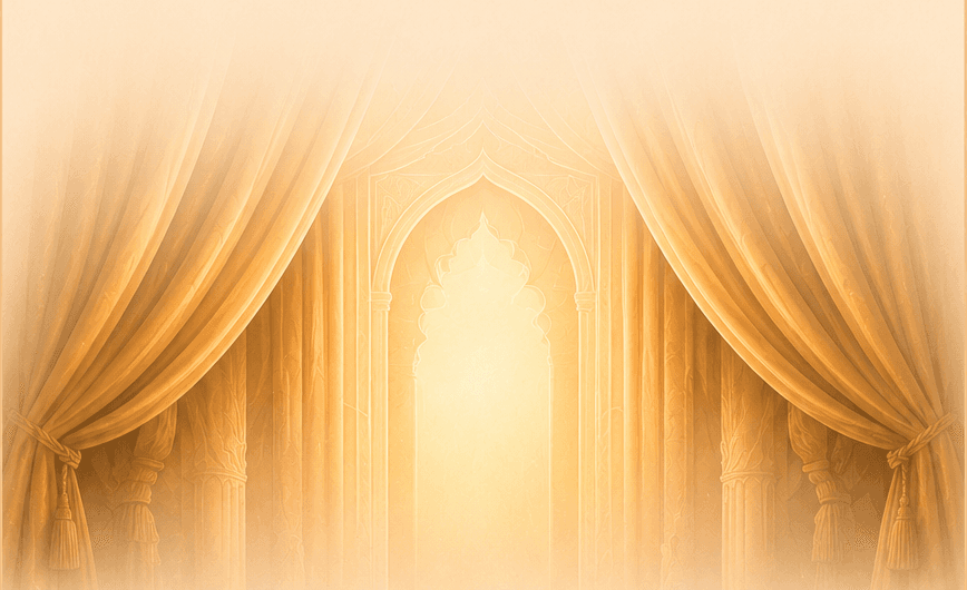 Golden curtains parting on a glowing arch.