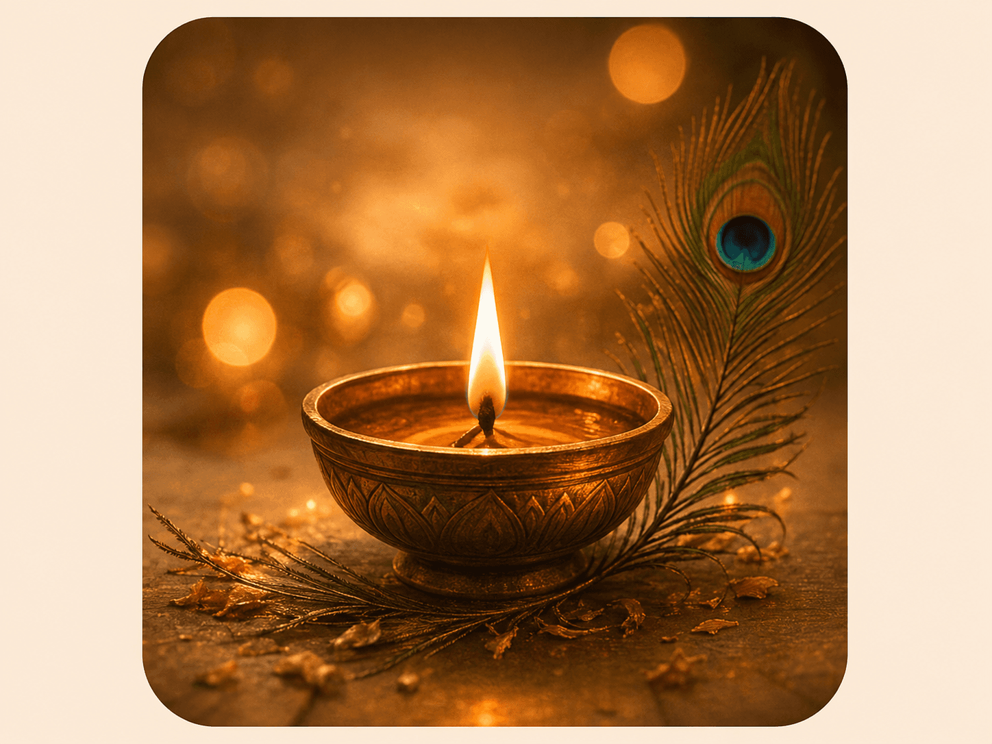 A lit brass diya beside a peacock feather.