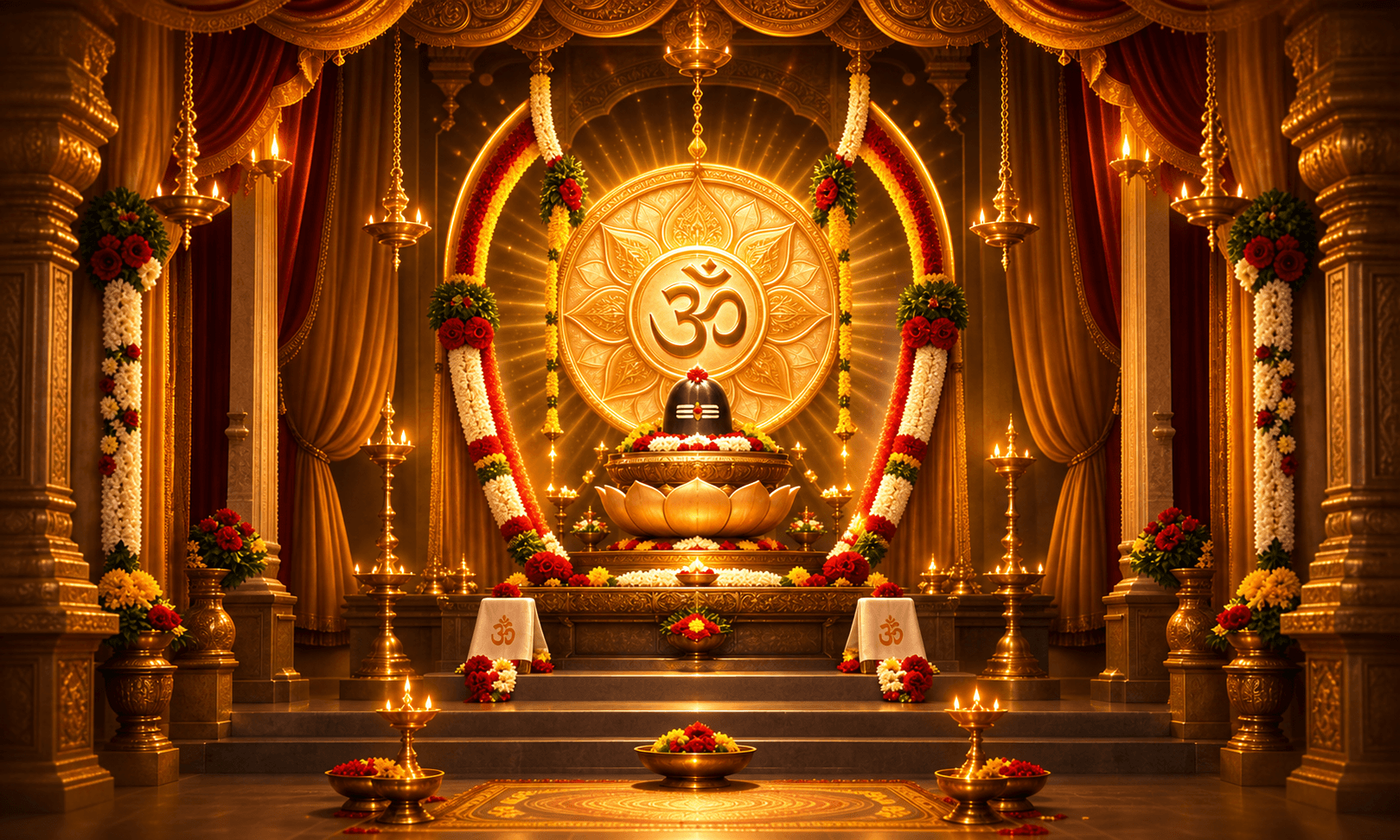 The golden inner sanctum of the Vishwaroopa MahaShakti sannidhi, lit with lamps and garlands