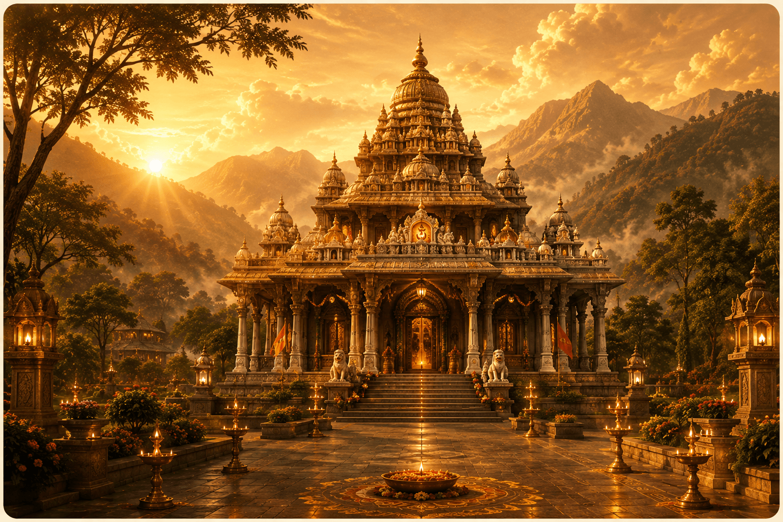 The ashram shrine at sunrise, framed by trees and reflected in still water