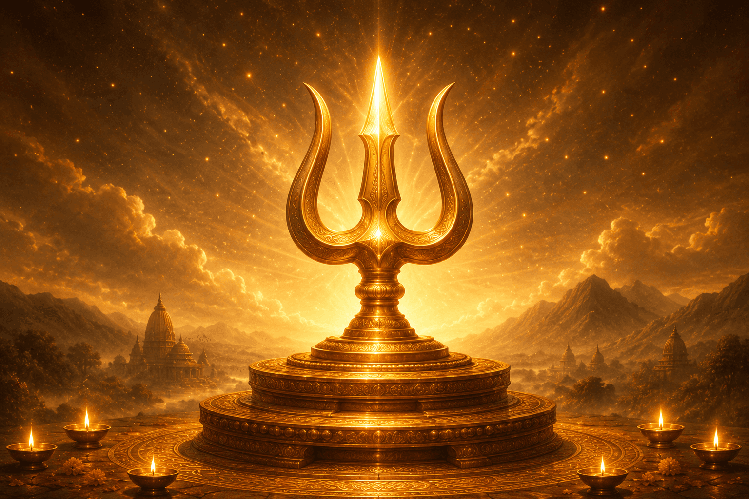 A golden trishul rising from a stepped altar ringed with oil lamps