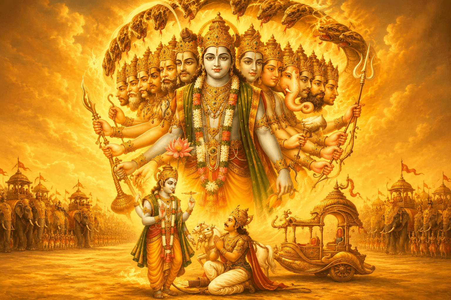 The Vishwaroopa universal form revealed to Arjuna, rendered in gold against a radiant sky