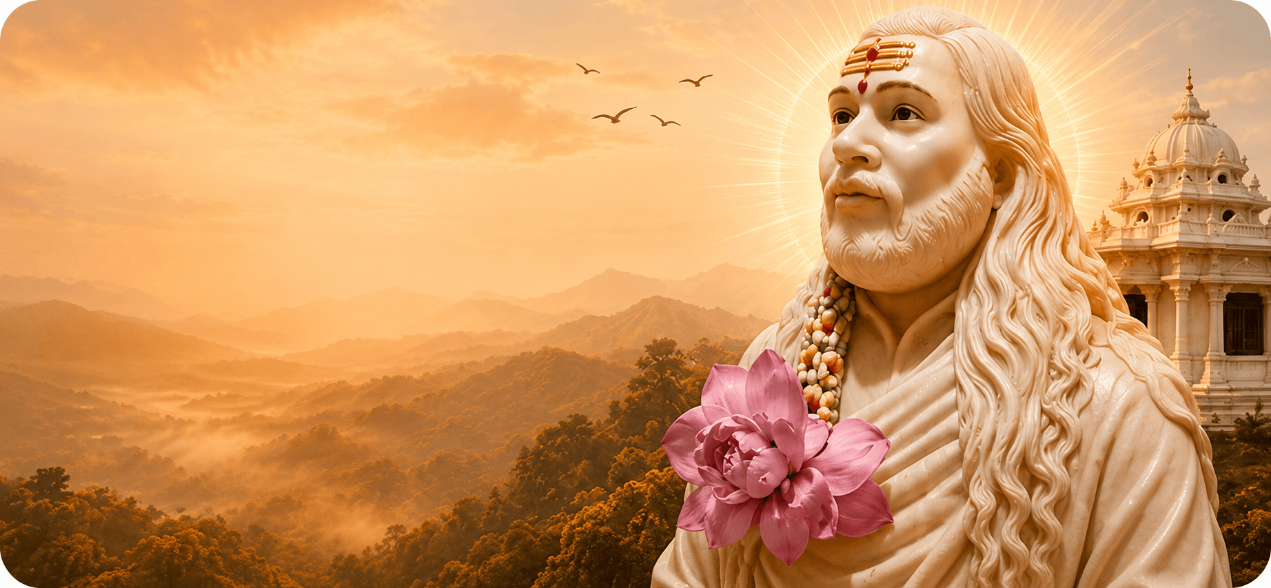 Sunrise over misty hills, with the garlanded marble murti of GuruShakti haloed by sun rays and the white ashram temple beyond
